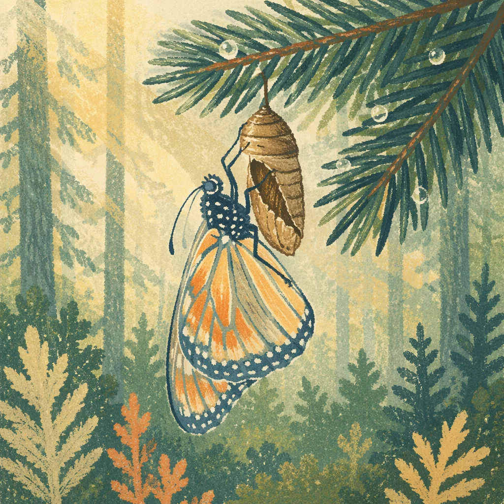 Butterfly Emerging from Evergreen Chrysalis