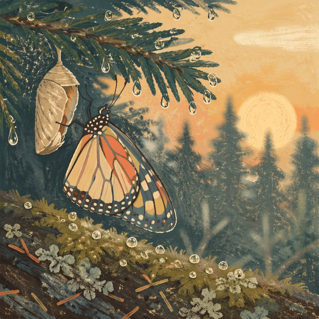 New Butterfly Emerging on Dewy Evergreen Branch