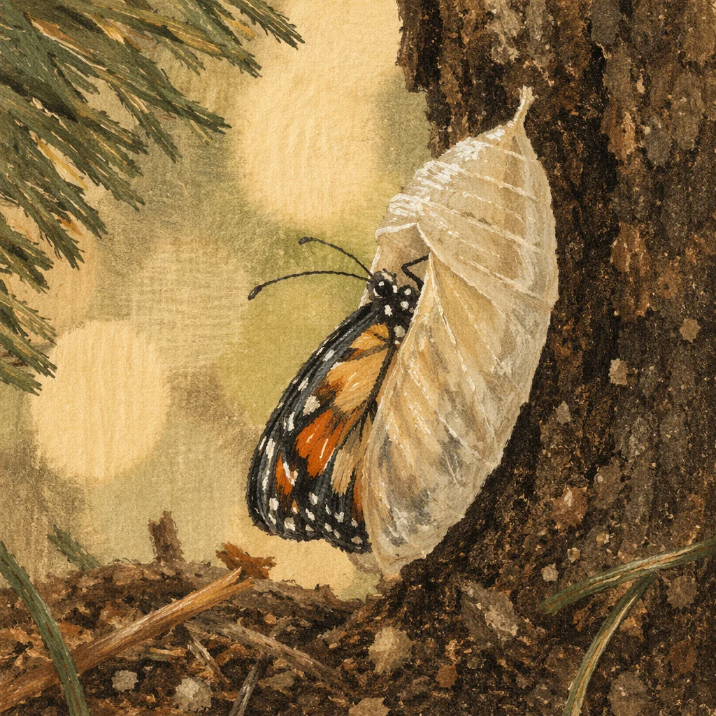 Butterfly Emerging from Cocoon on Evergreen Bark
