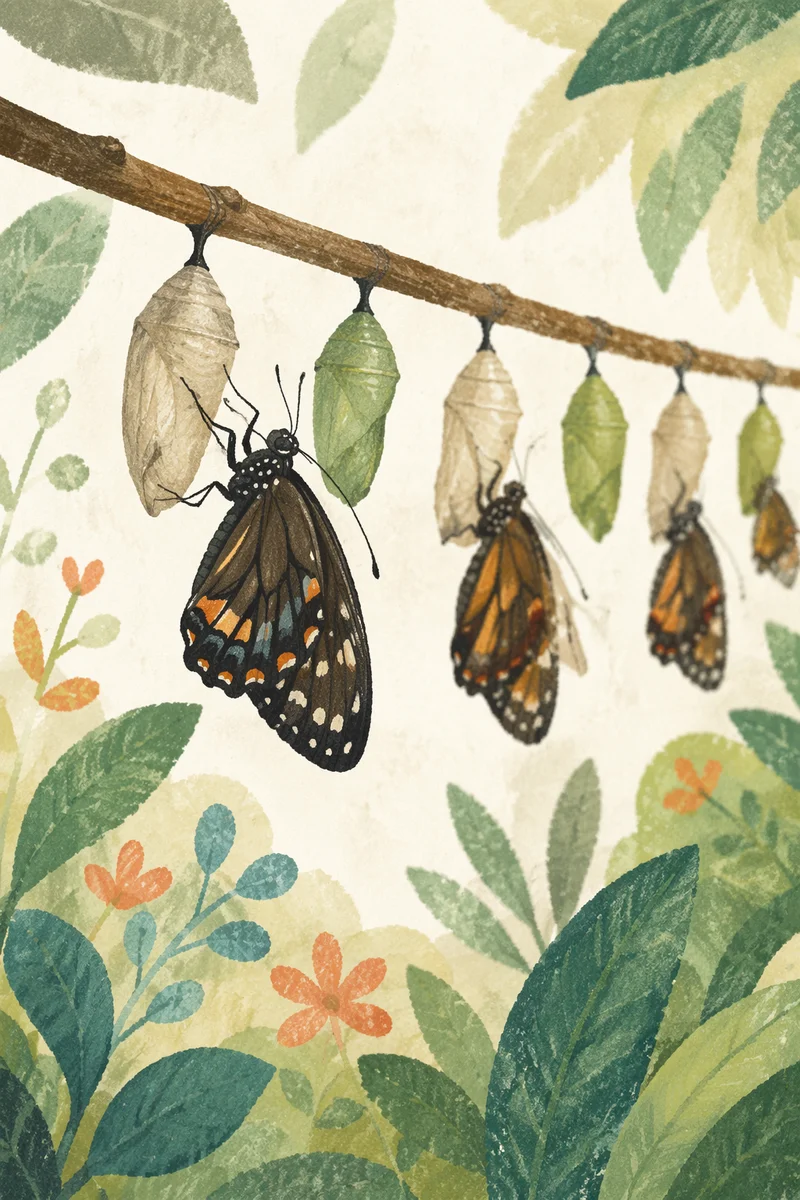 Newly Emerged Butterfly Among Evergreen Chrysalises