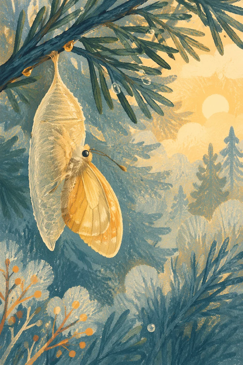 Golden Butterfly Emerging Beneath Evergreen Branch