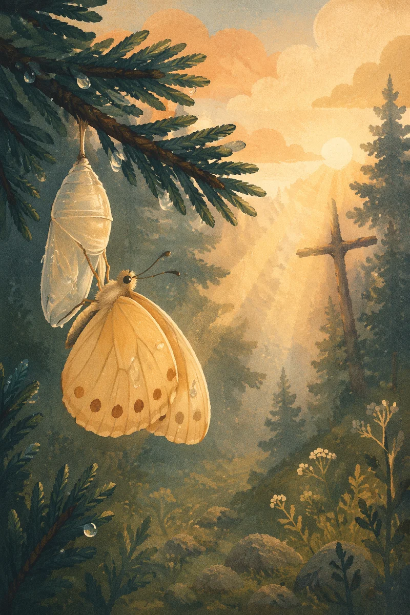 Golden Butterfly Emerging in Evergreen Dawn