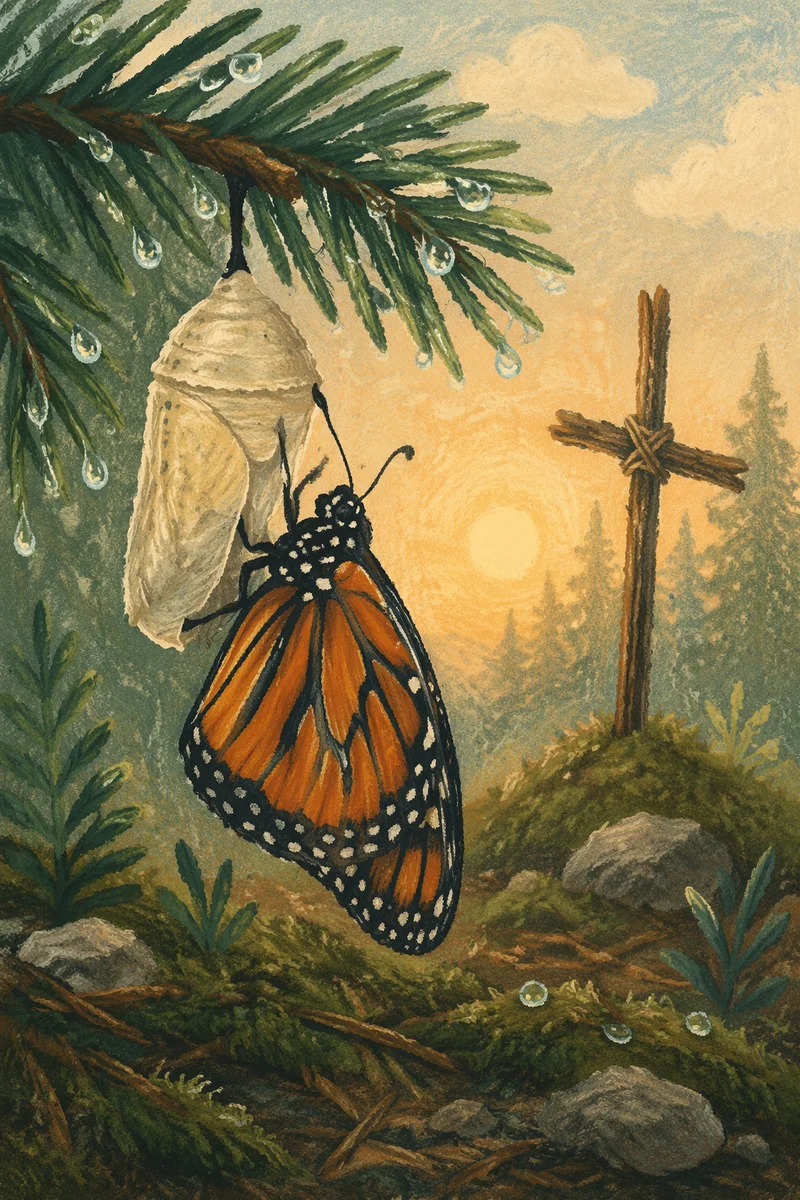 Butterfly Emerging Beside Evergreen Cross