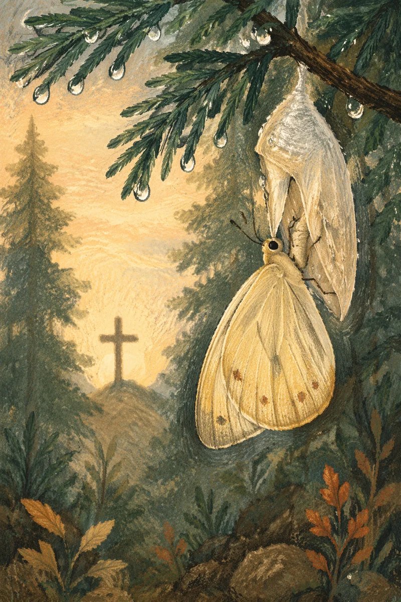Golden Butterfly Emerging Beneath Evergreen Branch