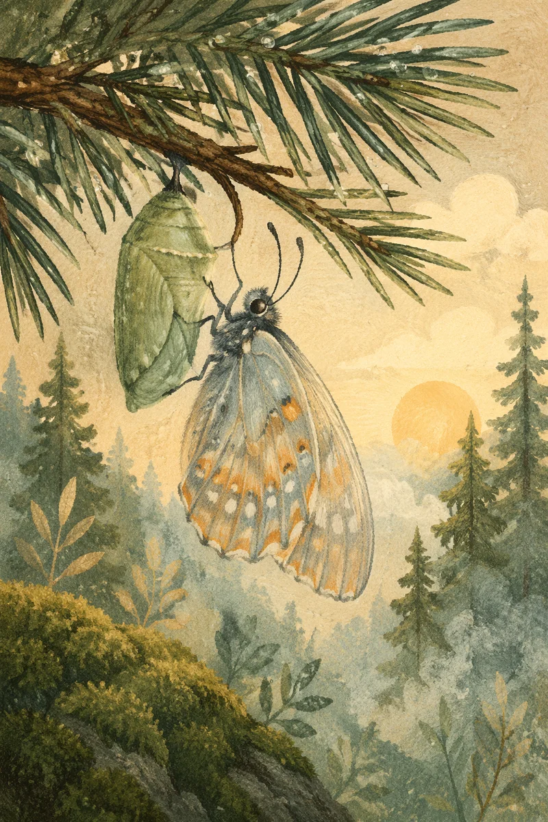 New Butterfly Emerging on Evergreen Branch