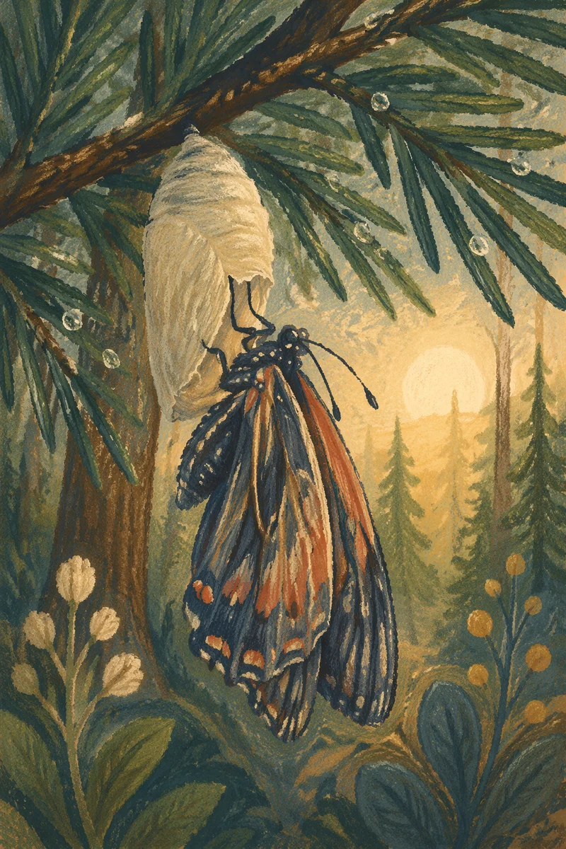 Butterfly Emerging From Evergreen Cocoon at Dawn