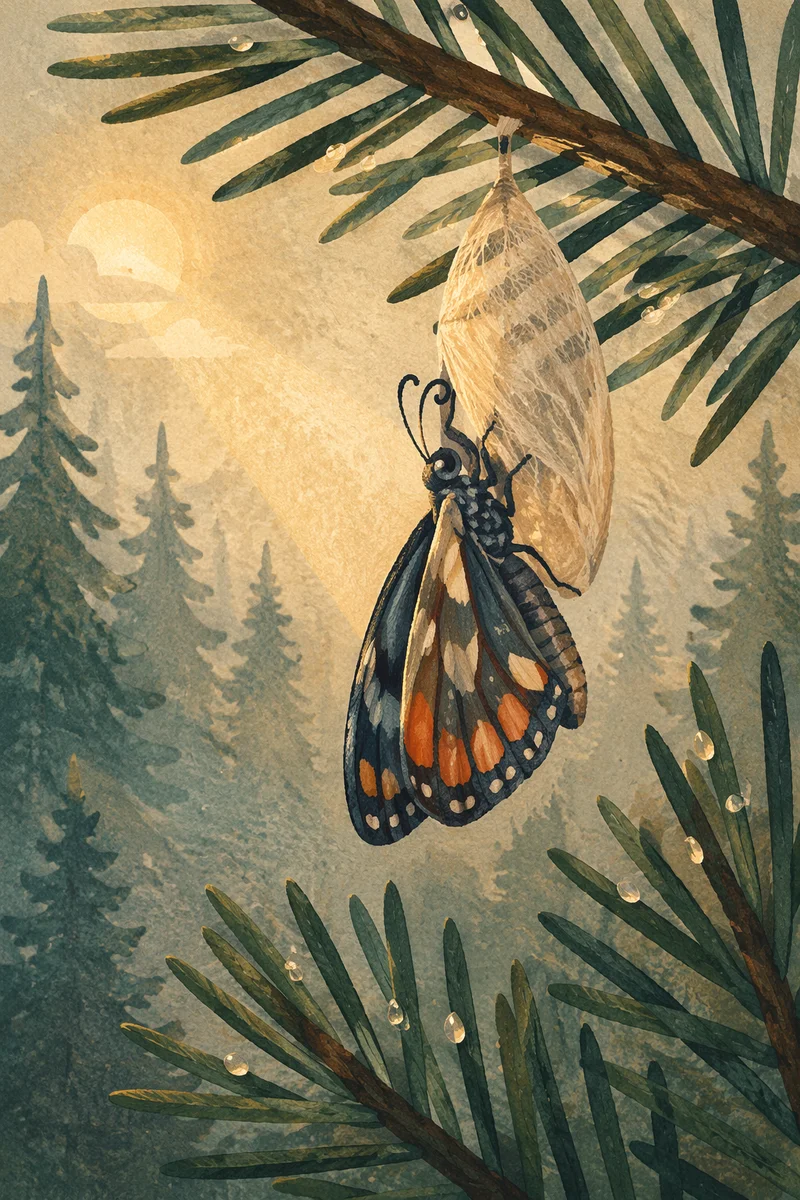 Butterfly Emerging Beneath Evergreen Pine Branch