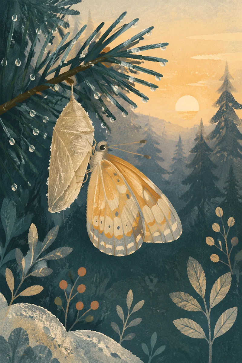Pale Gold Butterfly Emerging on Evergreen Branch
