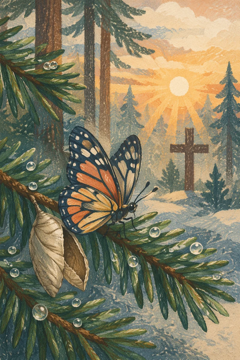 Butterfly Emerging Beside Evergreen Cross at Dawn