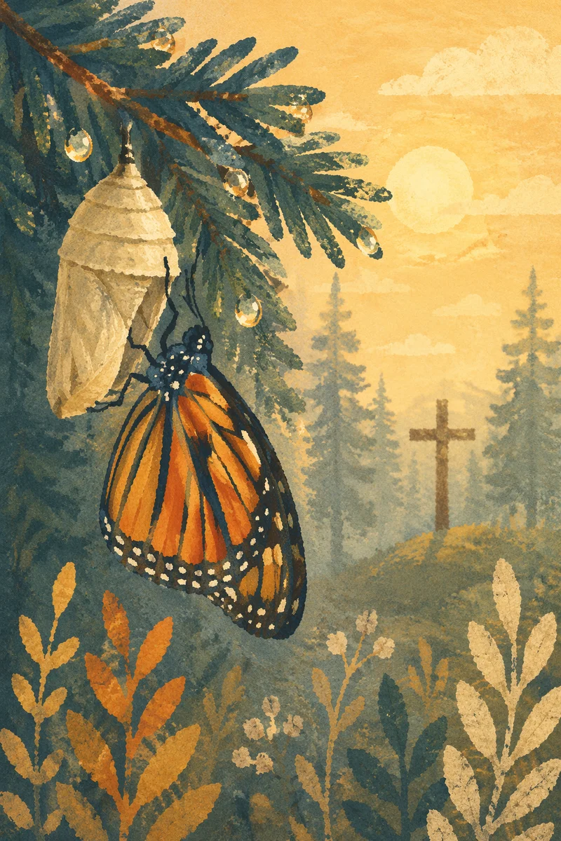 Butterfly Emerging Beside Evergreen Cross