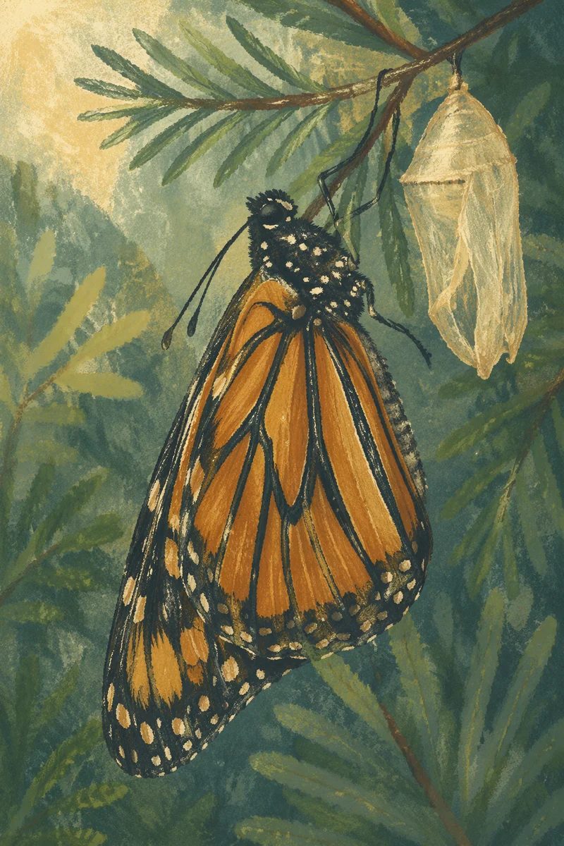 Butterfly Emerging from Chrysalis on Evergreen Twig