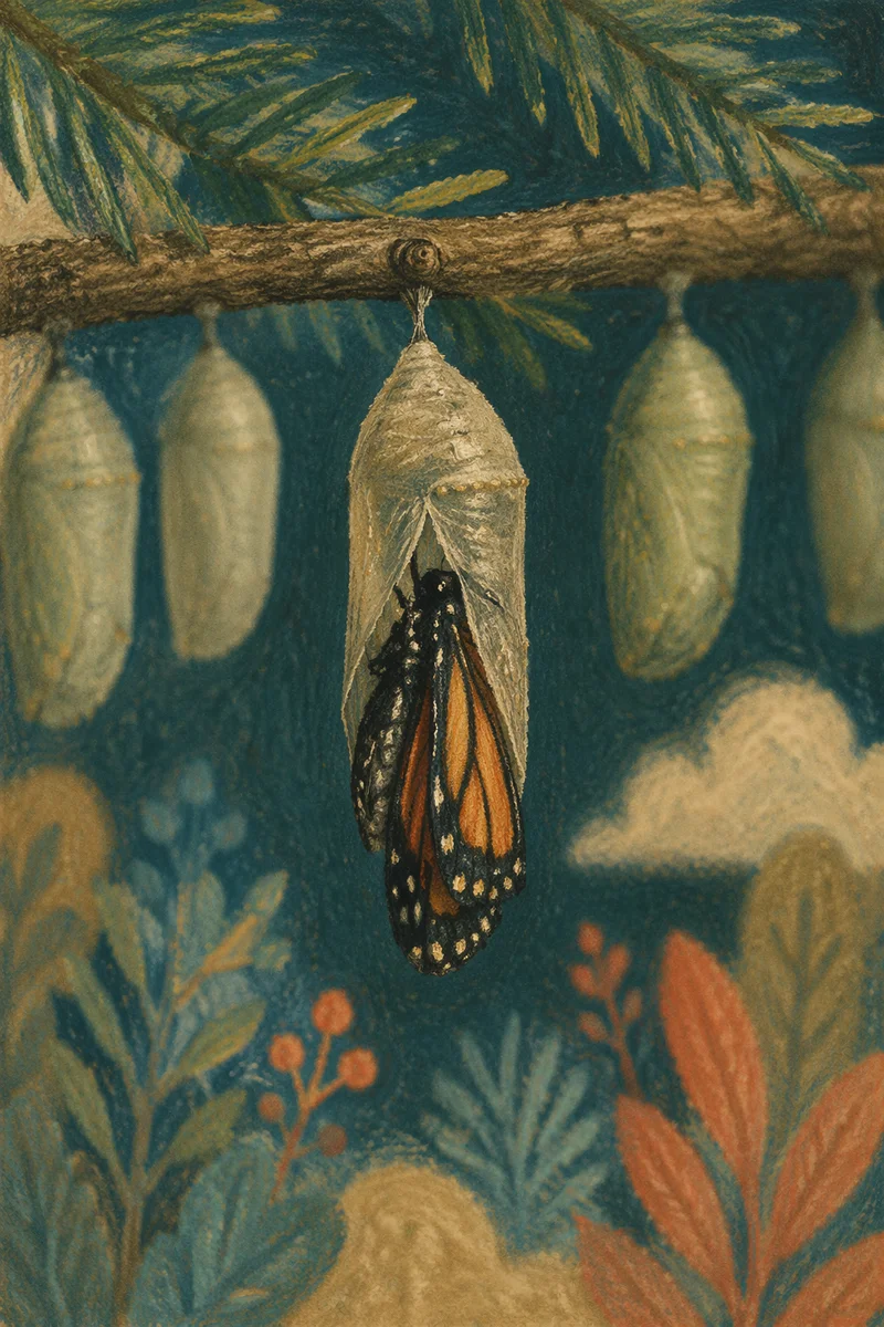 Butterfly Emerging from Evergreen Chrysalis