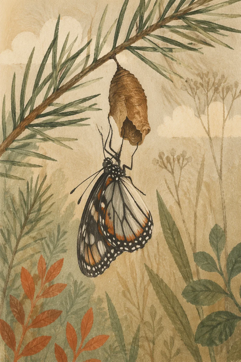 Butterfly Emerging Beneath Evergreen Cocoon