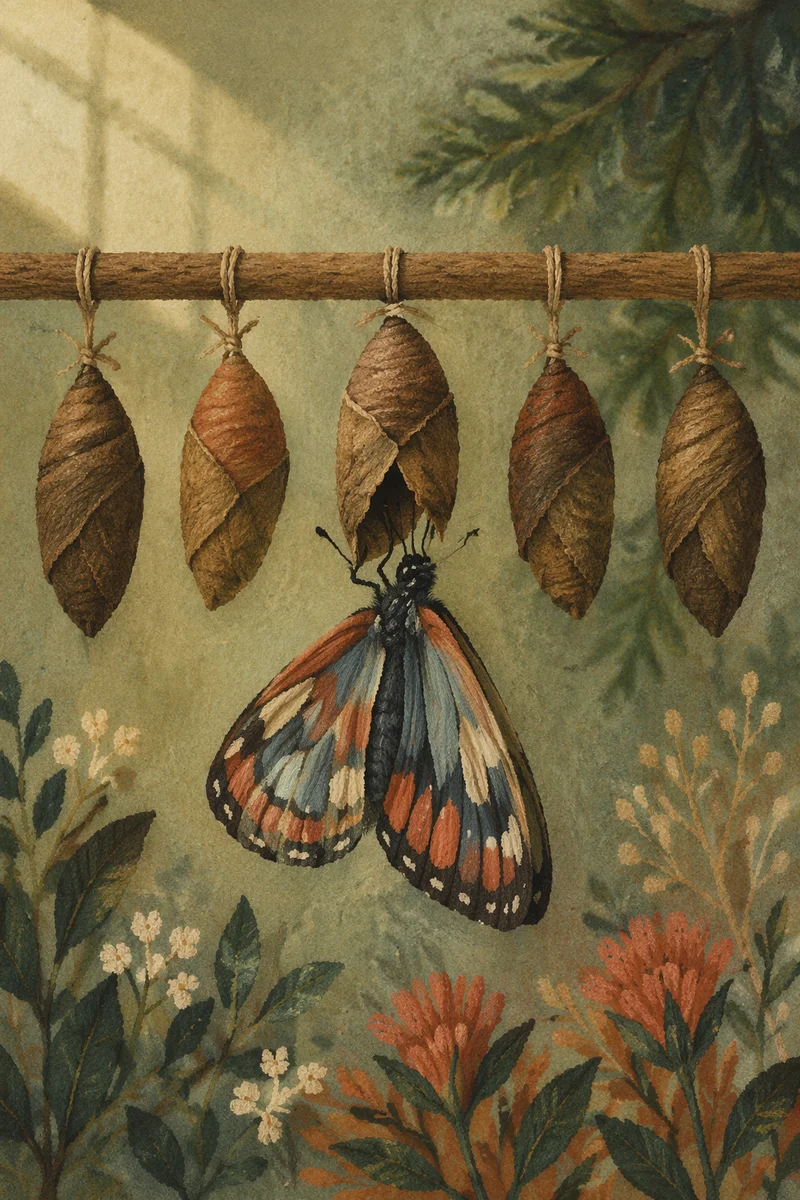 Butterfly Emerging Beneath Evergreen Cocoon Display
