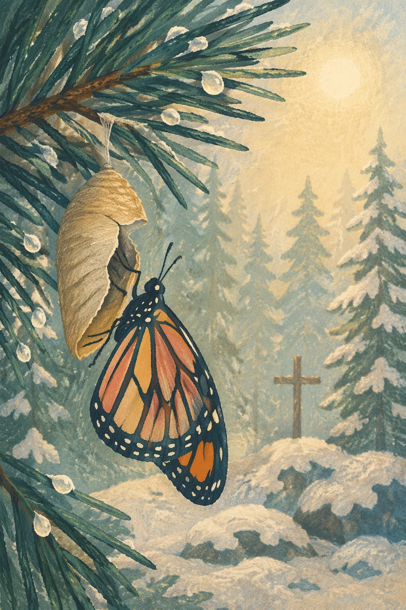 Butterfly Emerging Beside Cocoon in Evergreen Dawn