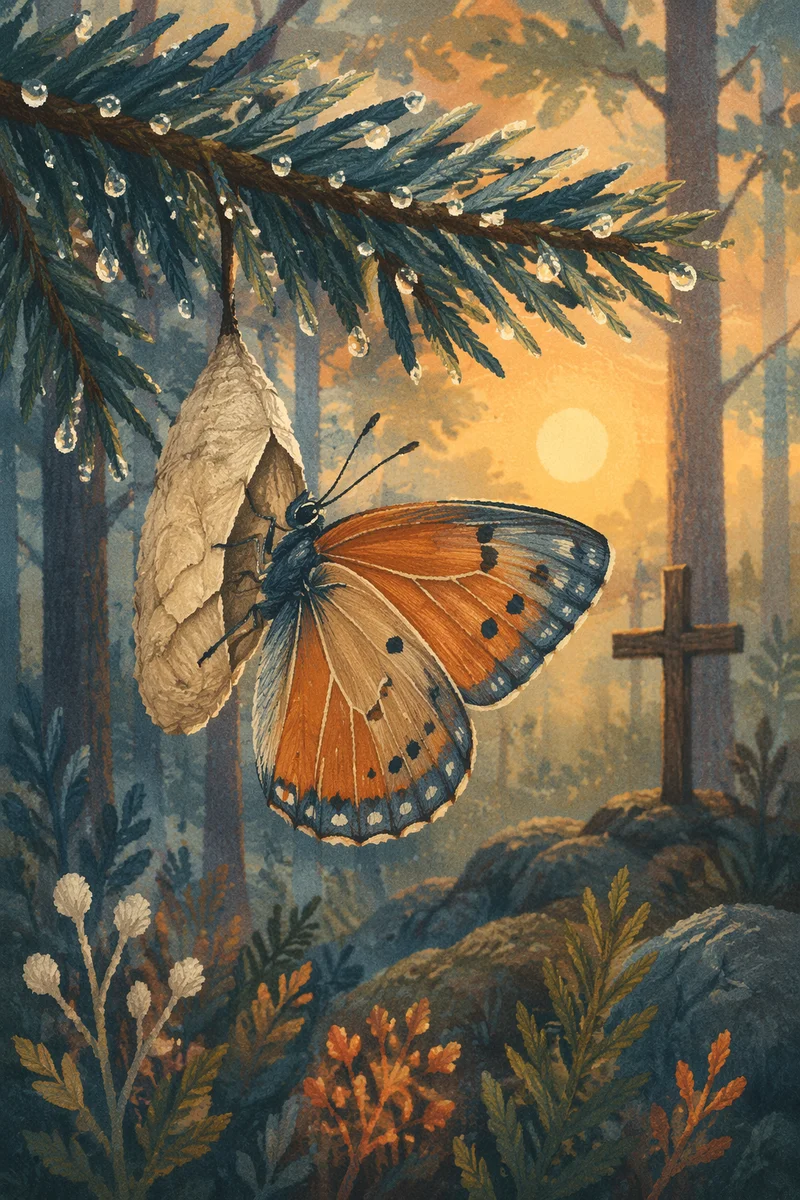 Butterfly Renewal on Evergreen Branch at Dawn