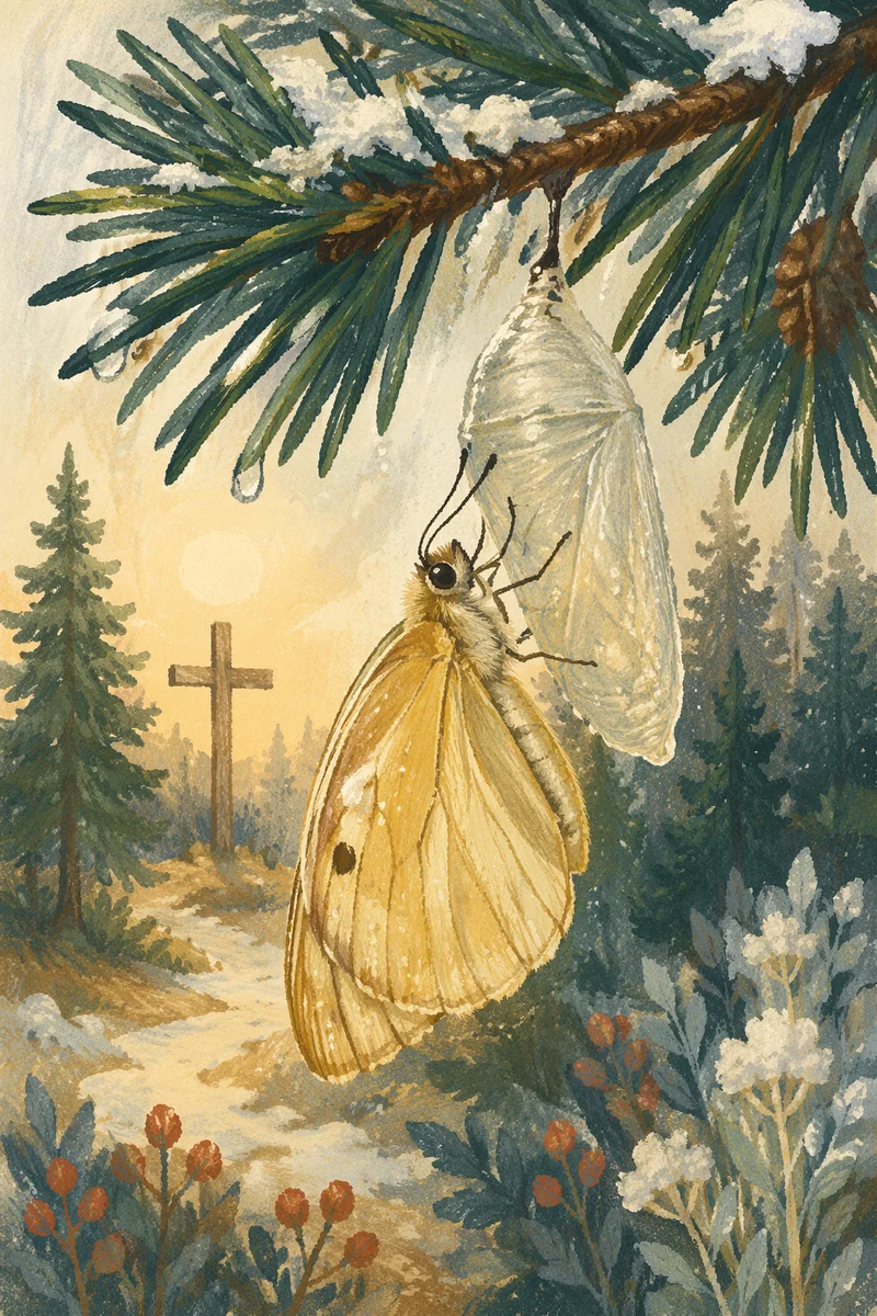 Butterfly Emerging Beneath Snowy Evergreen Branch