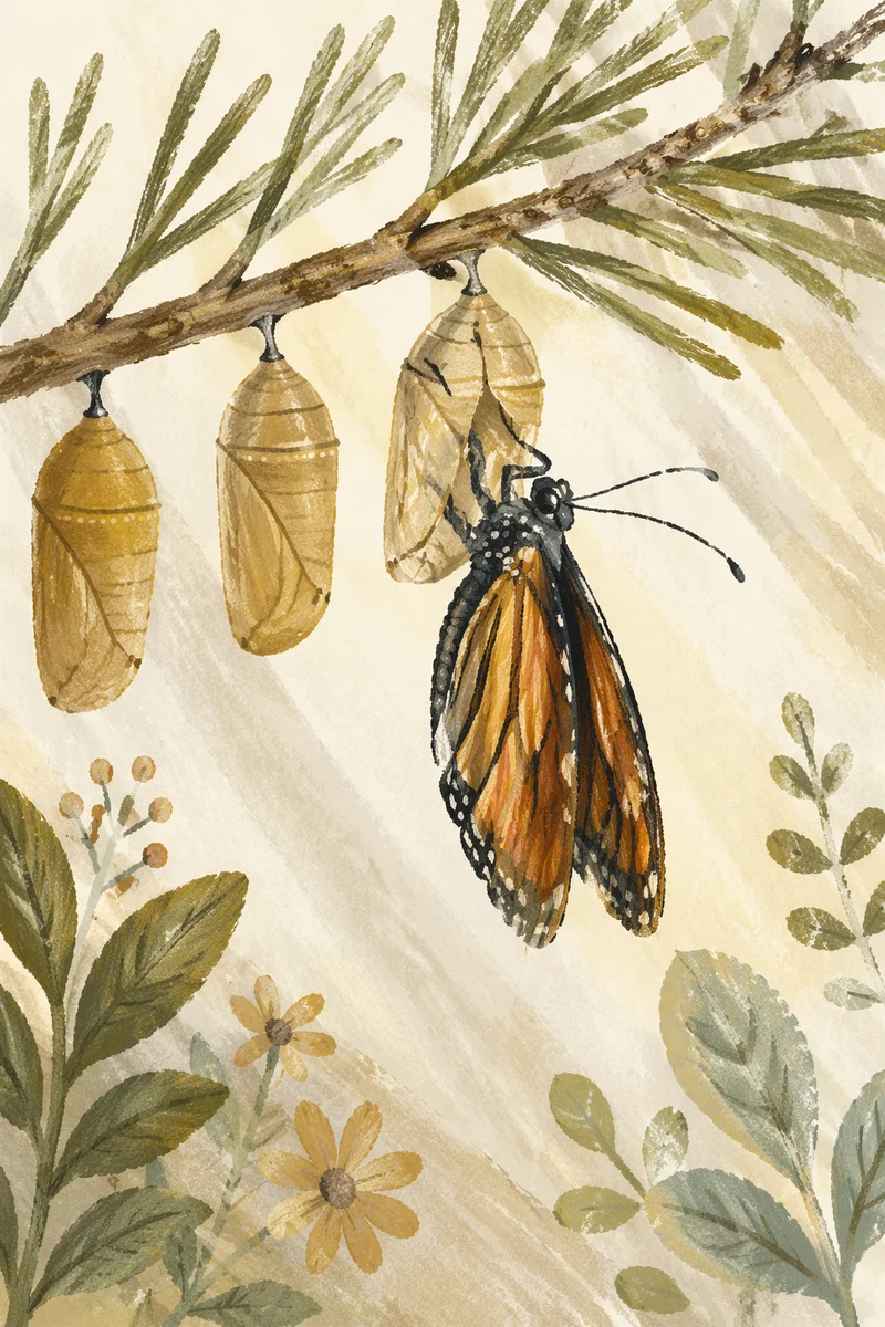 Butterfly Emerging from Chrysalis on Evergreen Twig