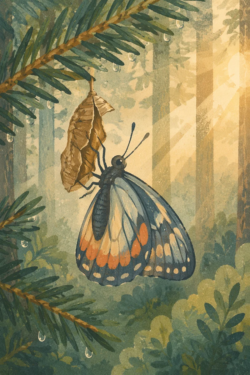 Butterfly Emerging from Chrysalis on Evergreen Branch