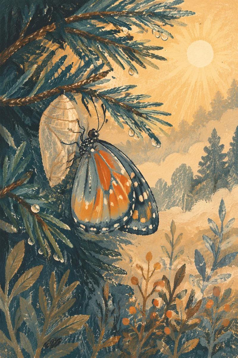 Butterfly Emerging from Cocoon in Evergreen Dawn