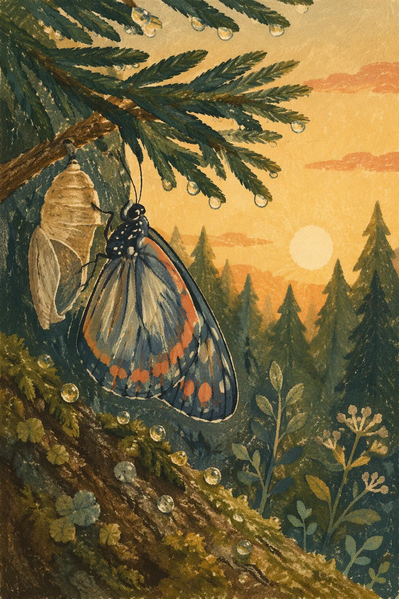New Butterfly Emerging on Evergreen Branch