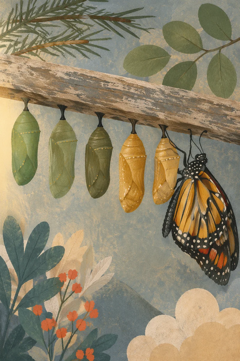 Butterfly Emerging from Evergreen Chrysalises