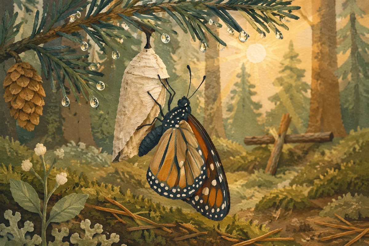 Butterfly Emerging Beneath Evergreen Branch