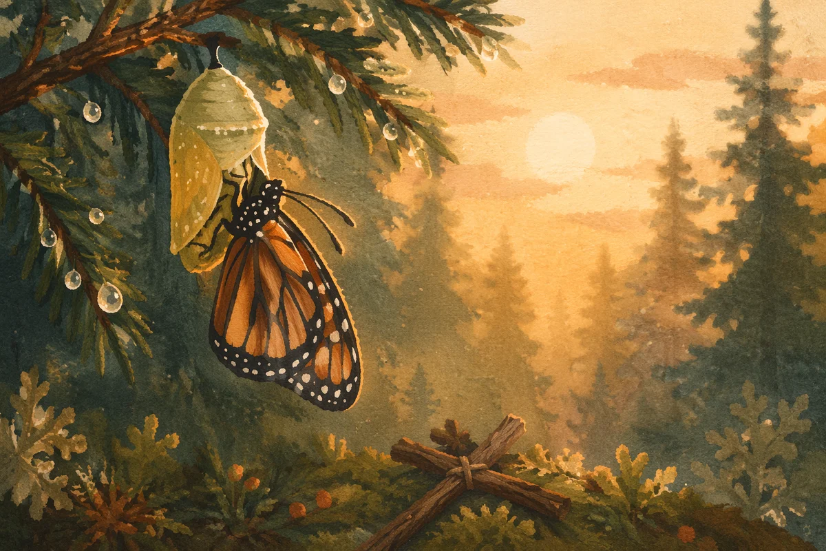 Butterfly Emerging Beneath Evergreen Dawn
