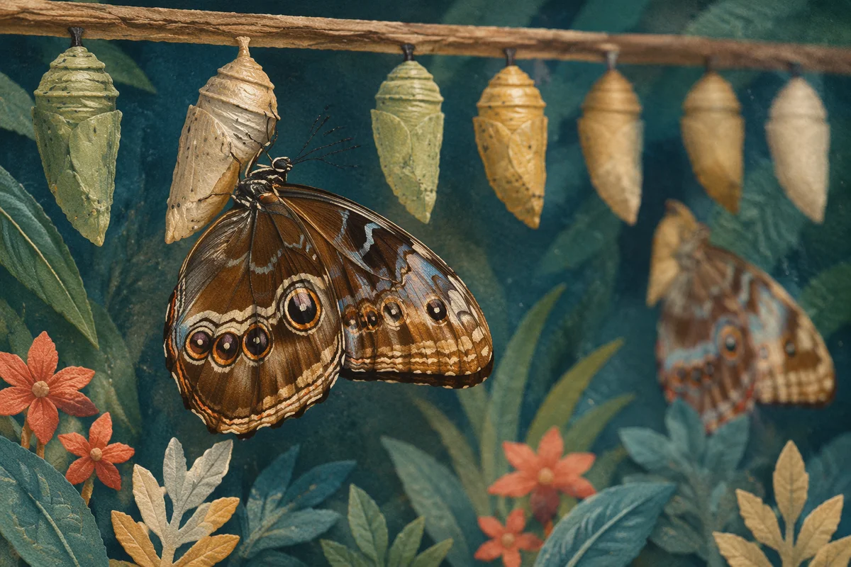 Butterfly Emerging Beneath Evergreen Chrysalises