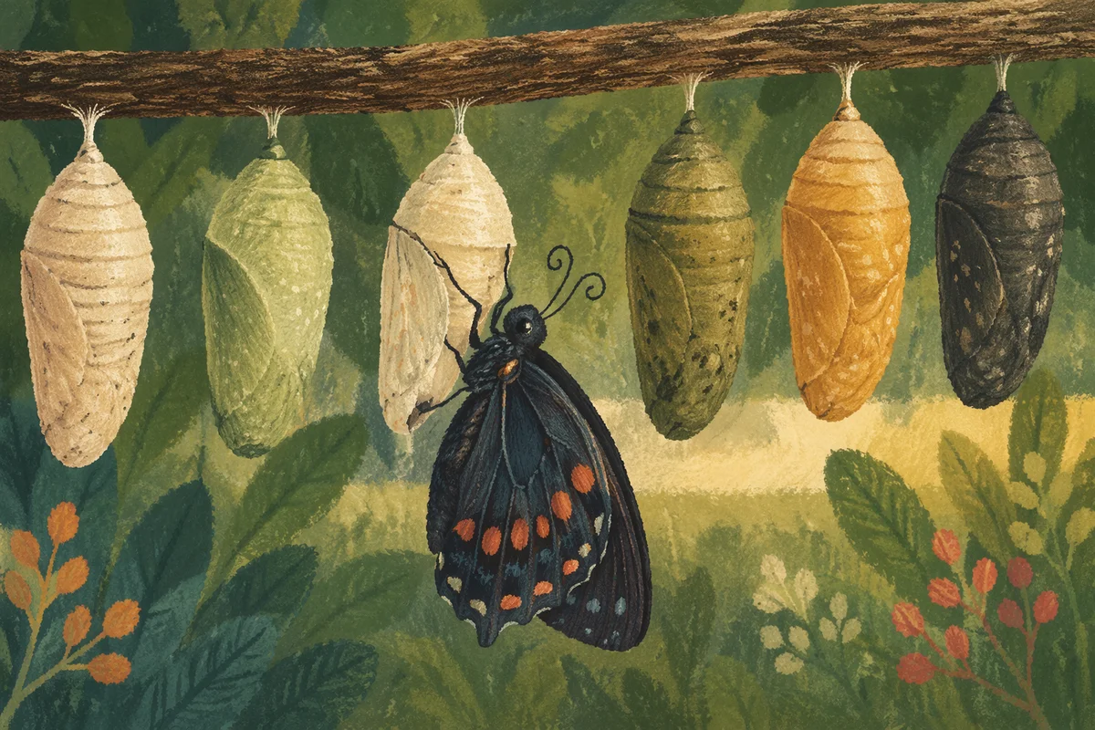 Butterfly Emerging From Cocoon in Evergreen Garden