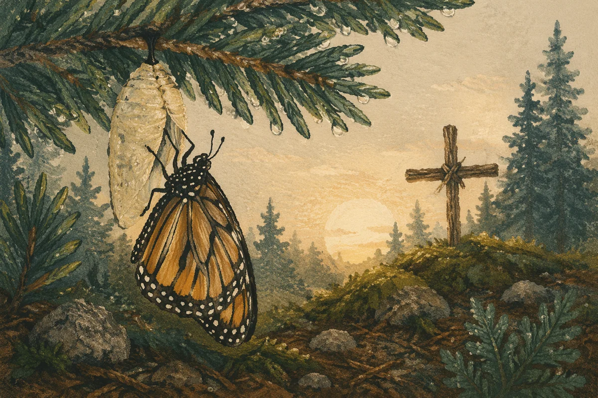 Butterfly Emerging Beneath Evergreen Dawn