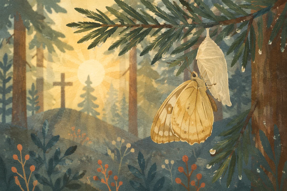Butterfly Emerging Beneath Evergreen Dawn