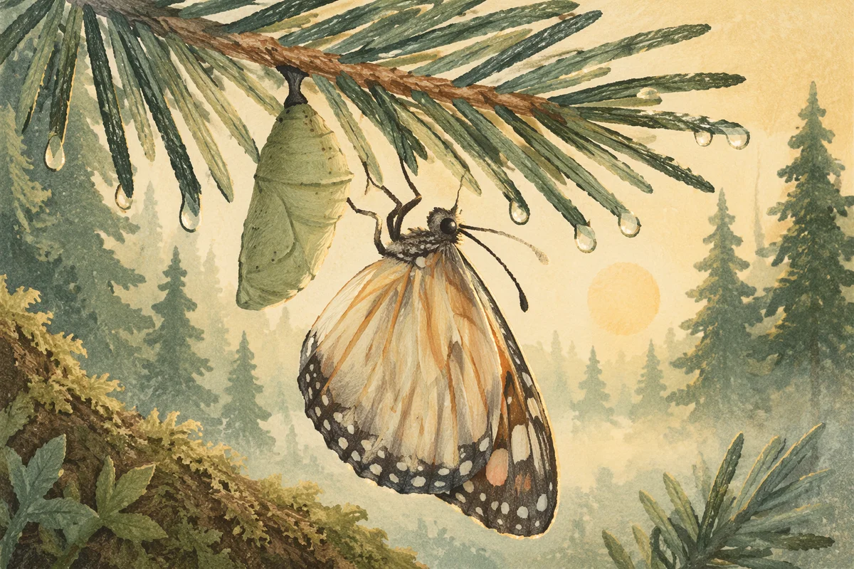 Butterfly Emerging Beside Pine Chrysalis
