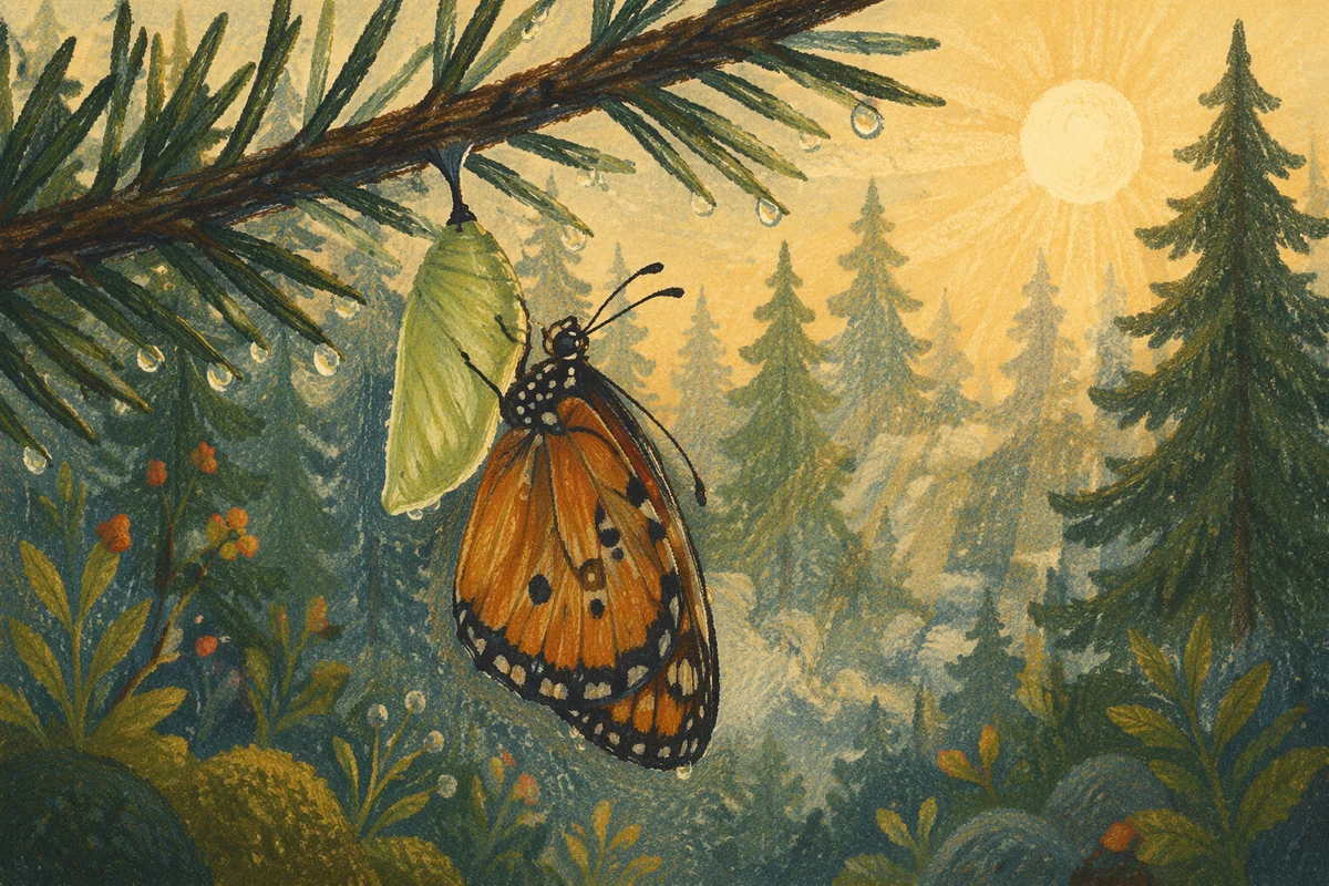 Butterfly Emerging on Evergreen Branch at Dawn
