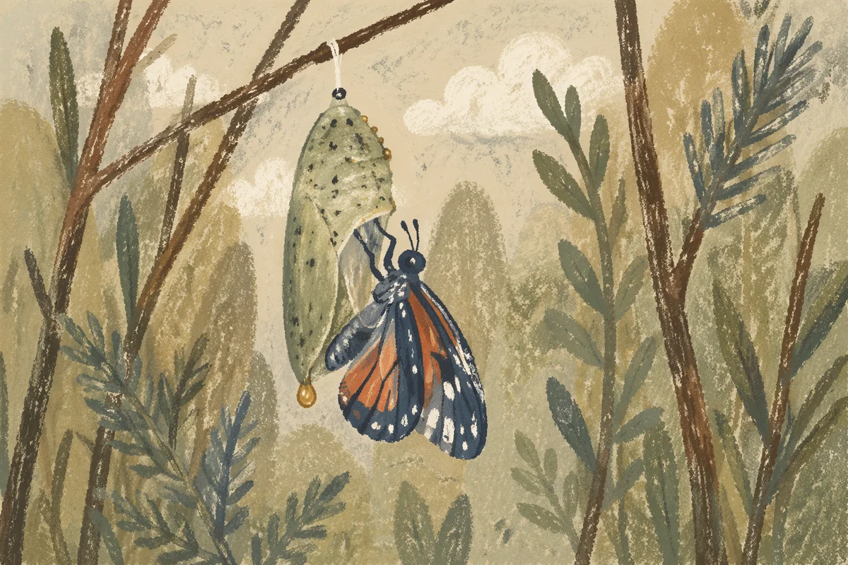 Butterfly Emerging from Evergreen Chrysalis