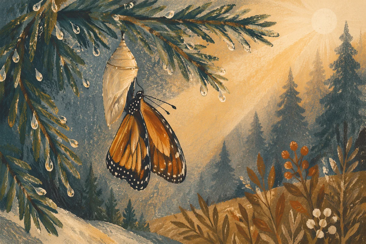 Butterfly Emerging Beneath Evergreen Dawn