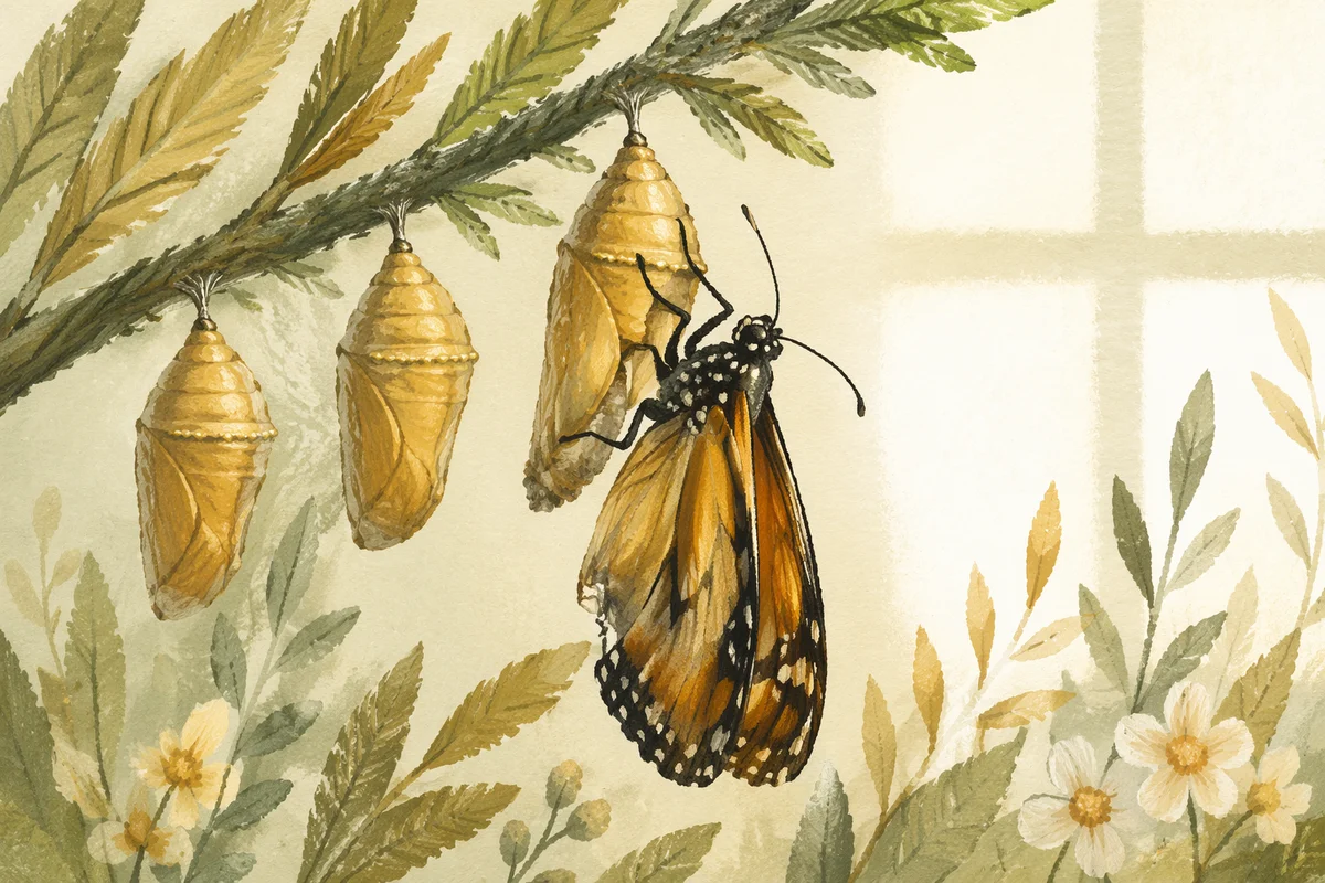 Butterfly Emerging from Evergreen Chrysalis
