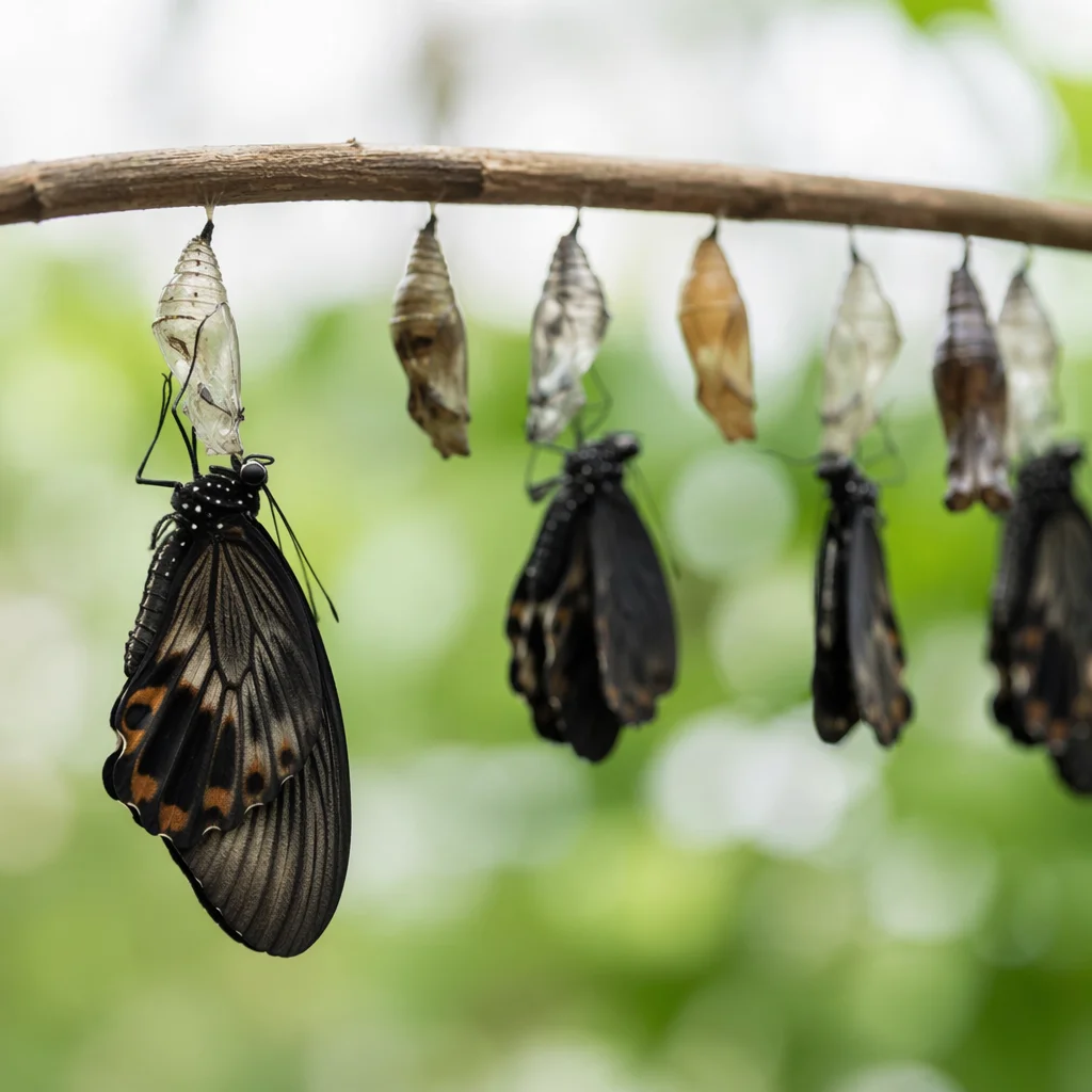 Newly Emerged Butterfly on Evergreen Chrysalis Row