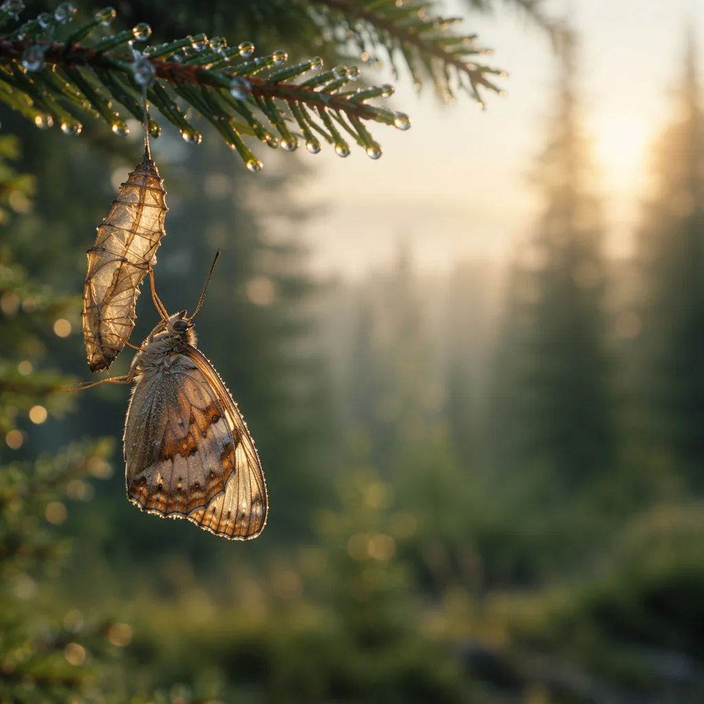 Newly Emerged Butterfly on Evergreen Branch