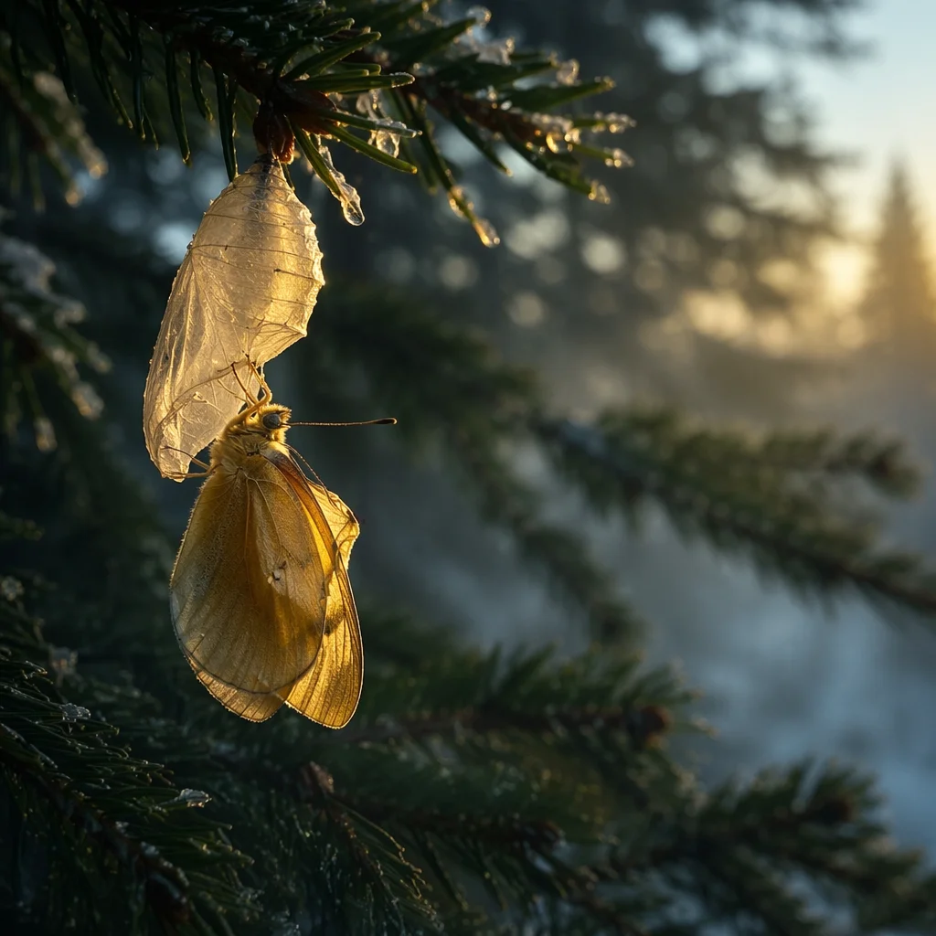 Golden Butterfly Emerging Beneath Evergreen Branch