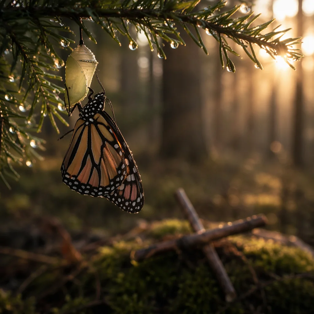 Butterfly Emerging Beneath Evergreen Dawn