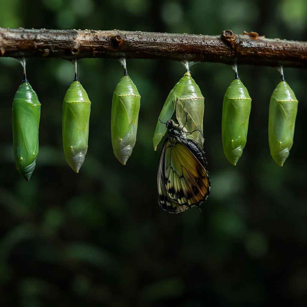 Butterfly Emerging from Evergreen Chrysalis