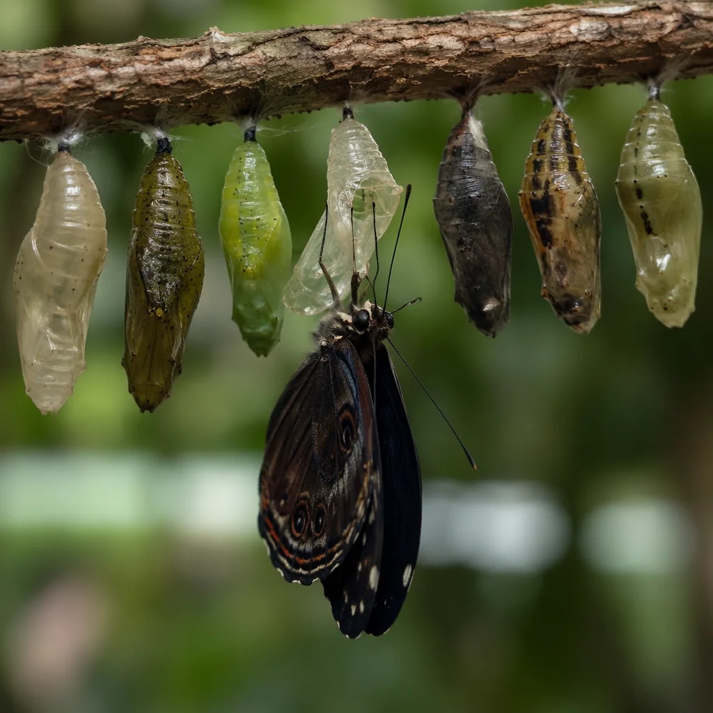 Butterfly Emerging From Cocoon in Evergreen Garden