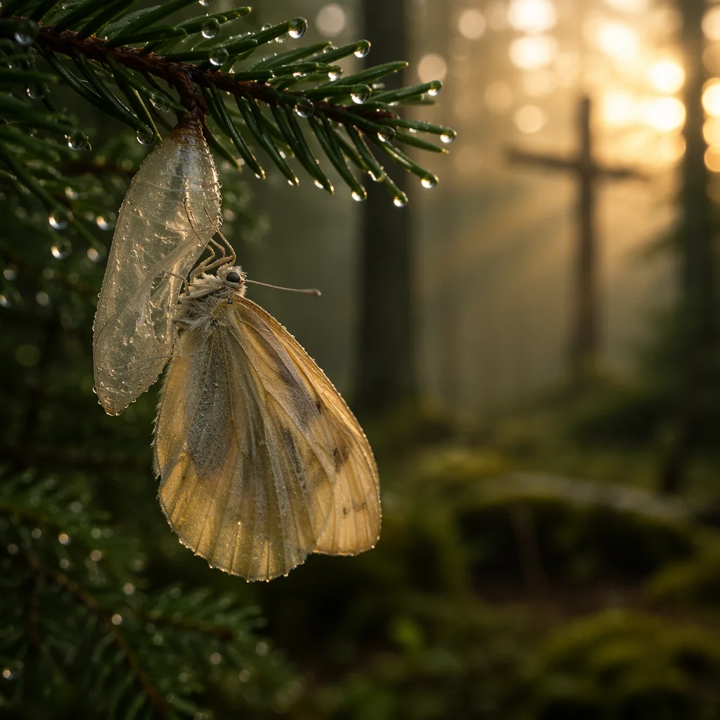 Golden Butterfly Emerging Beneath Evergreen Branch