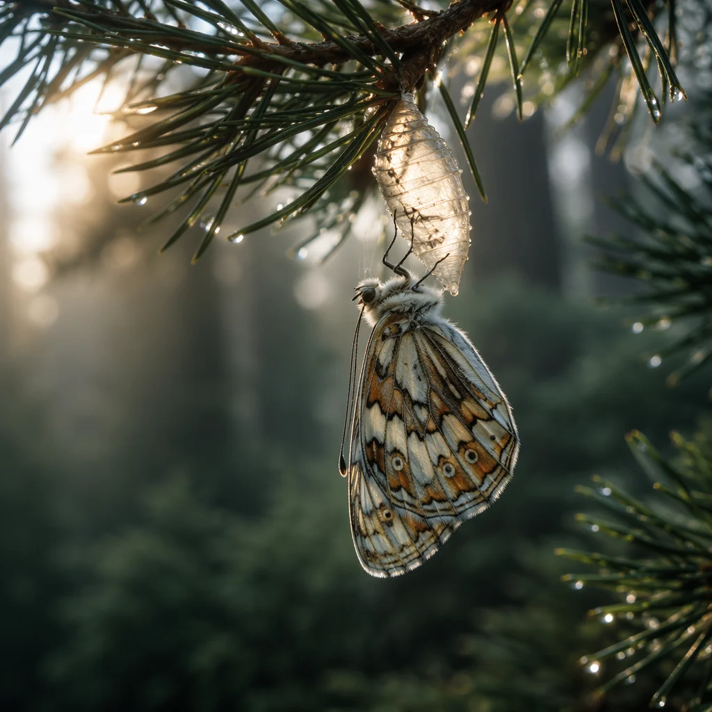 Butterfly Emerging on Evergreen Pine Branch