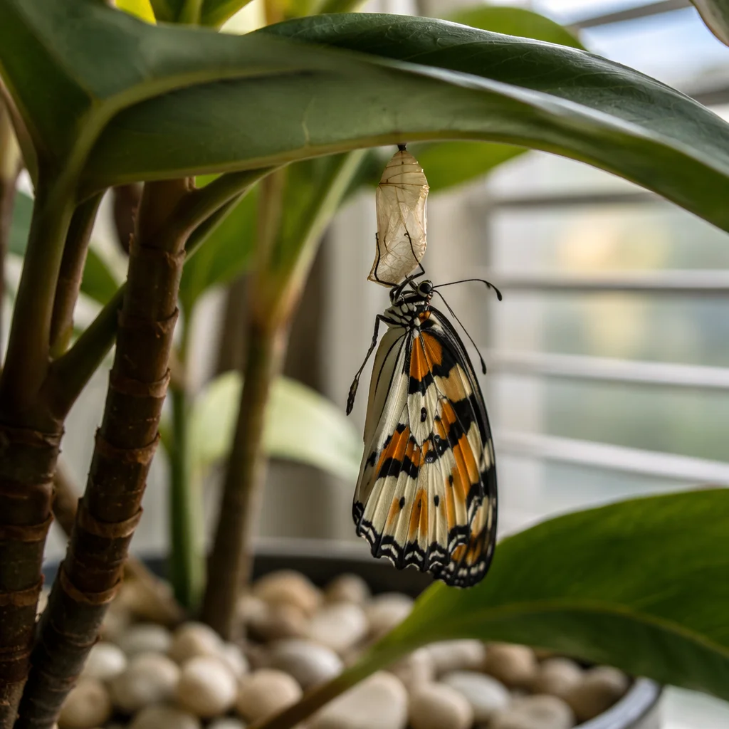 Butterfly Emerging Beneath Evergreen Leaves