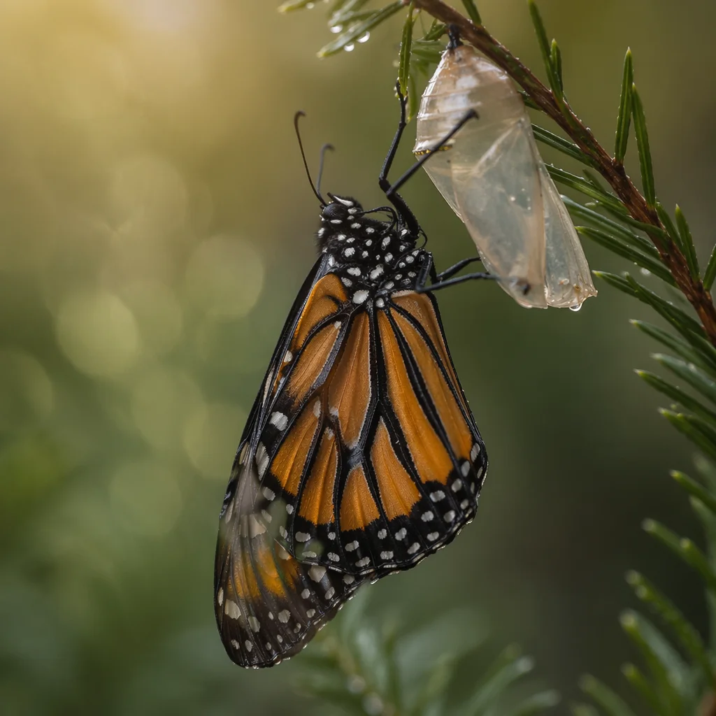 Butterfly Emerging from Chrysalis on Evergreen Twig