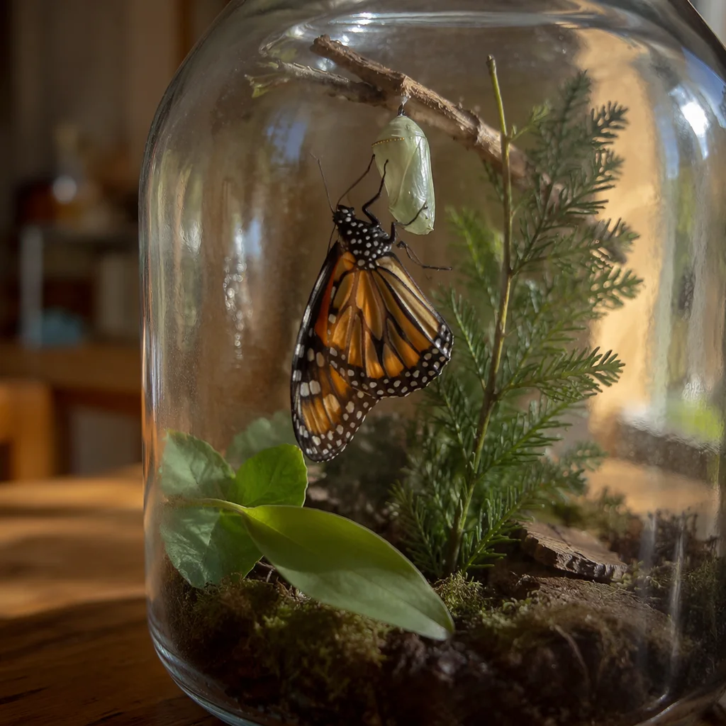 Butterfly Emerging Beside Evergreen Sprig
