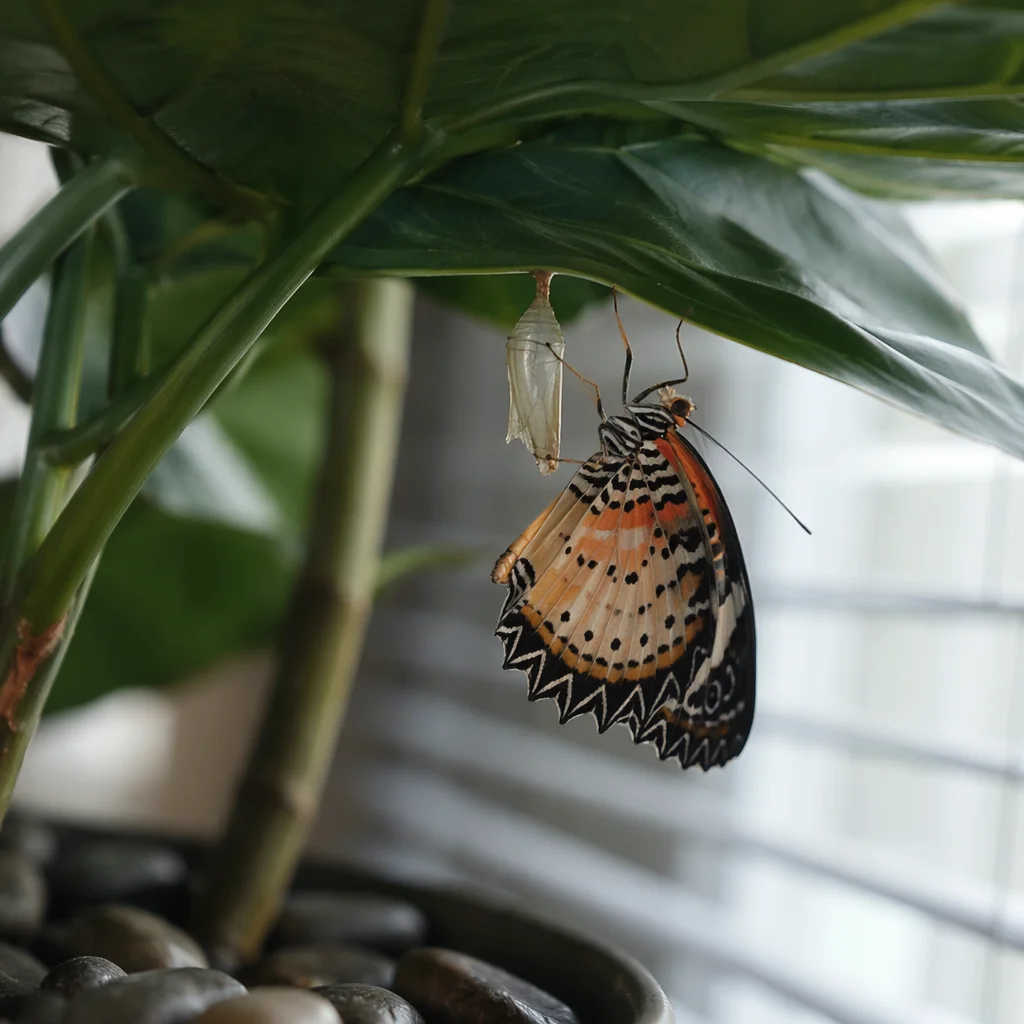 Newly Emerged Butterfly Beneath Evergreen Leaf