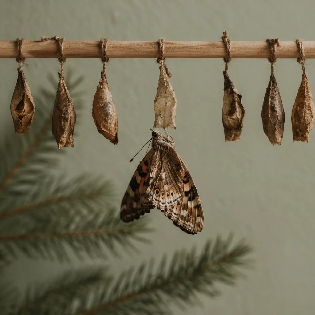 Newly Emerged Butterfly Beneath Split Cocoon